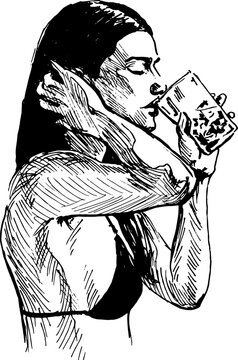 Hand sketch of drinking woman in swimsuit. Vector illustration.