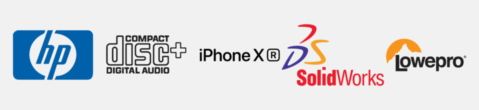 IPhone XR logo, Hewlett Packard logo, Lowepro USA, logo, CD+ Digital Audio logo, SolidWorks logo, Technology logo Bundle, Set of popular logos printed on paper.
