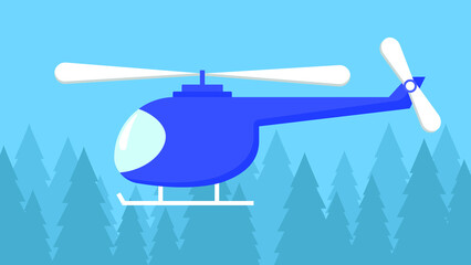 blue helicopter over the forest