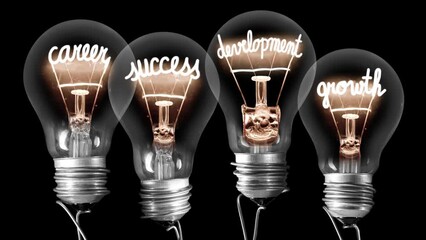 Light bulbs going from dark to light with Career, Success, Development and Growth fiber text on black background. High quality 4k video.