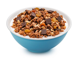 Chocolate granola with milk isolated on white background