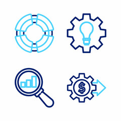 Set line Gear with dollar, Magnifying glass and analysis, Light bulb gear and Business lifebuoy icon. Vector