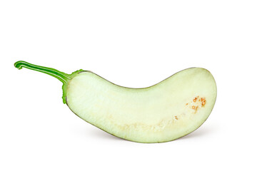 Aubergine or Eggplant cutted in section with pulp and seeds isoltaed on white background. Fresh and healthy organic food