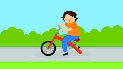 A boy rides a bicycle without a rear wheel