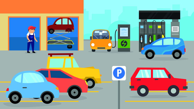 Fuel filling station, electric filling station, service station, street car flow and parking sign
