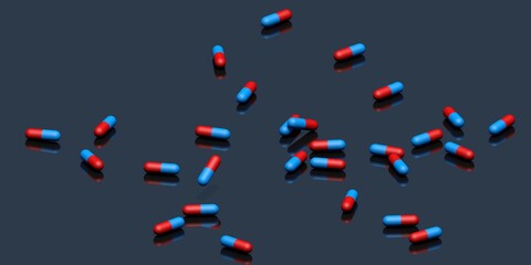 Medicines are scattered on a dark background. 3D render