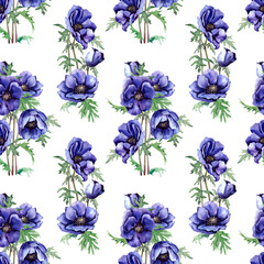 Floral seamless pattern bouquets of purple anemone flowers with buds, green leaves. Hand drawn watercolor illustration on white background for fabric, wallpaper, textile, packaging, scrapbooking.