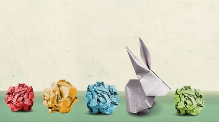Concept of new idea. Creative thinking as a symbol inspiration. Papers with one different paper and origami bird