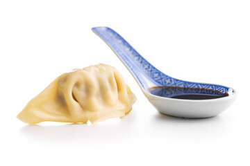 Chinese dumplings and soy sauce isolated on white background.