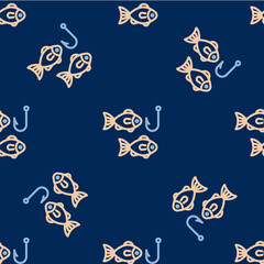 Line Fishing hook under water with fish icon isolated seamless pattern on blue background. Fishing tackle. Vector