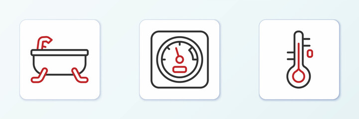 Set line Sauna thermometer, Bathtub and icon. Vector
