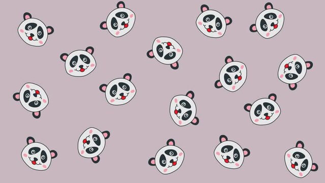 several pandas in random movements on a pink and green background - animation