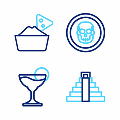 Set line Chichen Itza in Mayan, Margarita cocktail, Mexican skull coin and Nachos bowl icon. Vector