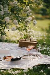 Beautiful picnic with fresh sweet eclairs and two glasses of rose champagne in blooming garden.