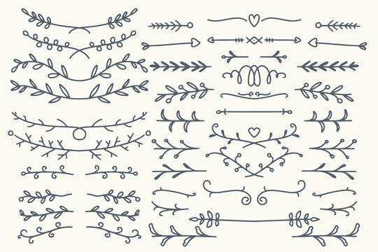 Thirty Hand drawn vector dividers. Lines, borders and laurels set. Doodle design elements isolated on white background.