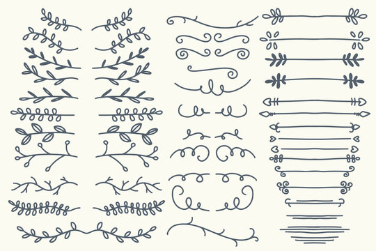 Thirty eight Hand drawn vector dividers. Lines, borders and laurels set. Doodle design elements isolated on white background.