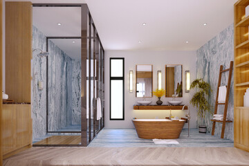 3d rendering,3d illustration, Interior Scene and  Mockup,Modern bathroom interior,decorated with wood and stone.