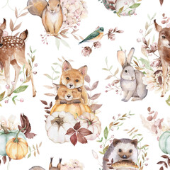 Woodland seamless pattern. Watercolor fall forest design. Deer, fox, squirrel, hare, hedgehog. Cute animals and floral texture for nursery decor, fabric, textile, wallpaper, wrapping paper