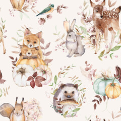 Woodland seamless pattern. Watercolor fall forest design on beige background. Deer, fox, squirrel, hare, hedgehog, pumpkins. Cute animals and floral texture for nursery decor, fabric, textile
