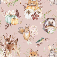 Woodland seamless pattern. Deer, fox, squirrel, hare, hedgehog, pumpkins. Watercolor fall forest design on beige background. Cute animals and floral texture 