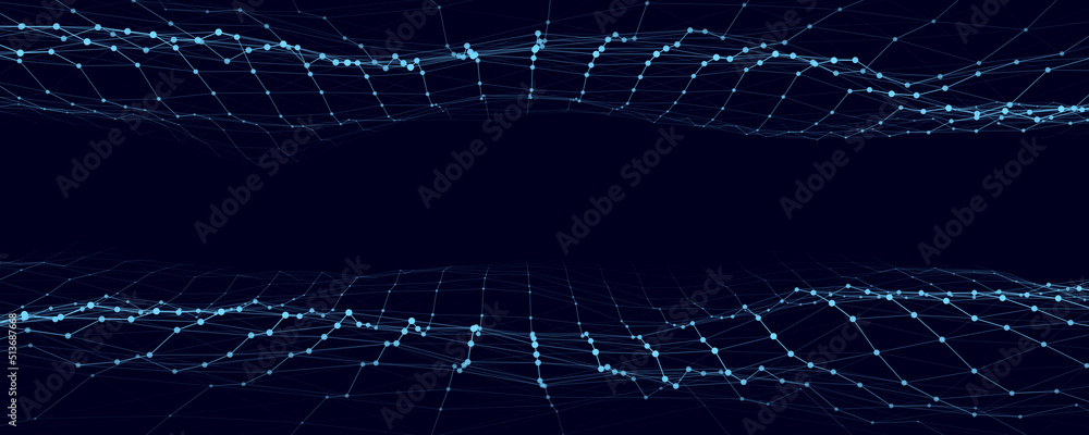 Poster futuristic moving wave. digital background with moving glowing particles and lines. big data visuali