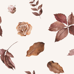 Brown fall leaves and flowers seamless pattern. Watercolor creative design on beige background. Hand drawn natural elements. Autumn texture