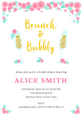 Brunch and bubbly invitation template. Bridal Shower background decorated with two champagne glasses and roses. Vector 10 EPS.