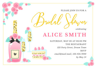 Bridal Shower invitation template. Beautiful background decorated with pink champagne bottle, wine glasses, strawberry cake slice and roses. Vector 10 EPS.