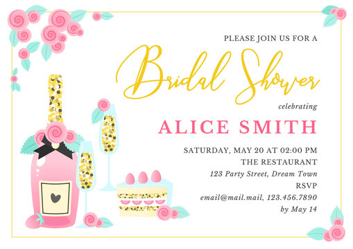 Bridal Shower Invitation Template. Beautiful Background Decorated With Pink Champagne Bottle, Wine Glasses, Strawberry Cake Slice And Roses. Vector 10 EPS.