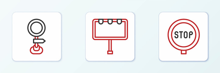 Fototapeta premium Set line Stop sign, Road traffic and Billboard with lights icon. Vector