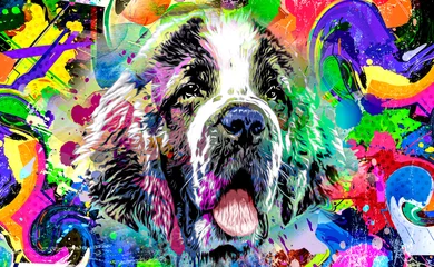 Gordijnen colorful artistic dog muzzle with bright paint splatters on dark background. © reznik_val