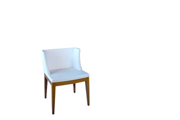White chair with wooden legs on white background.
