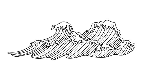 Japanese sea background with waves. Tsunami wave. Texture vector. Black and white Asia traditional banner. Ocean.