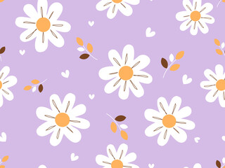 Fototapeta na wymiar Seamless pattern with daisy flower and branches on purple background vector. Cute floral print.