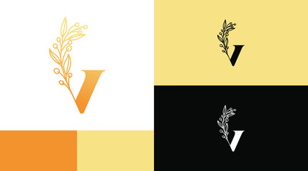 Flourish Monogram V Letter with Flower Logo Design Concept