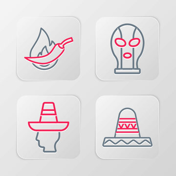 Set line Mexican sombrero, man, wrestler and Hot chili pepper pod icon. Vector