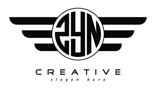 ZYN three letter circle with wings logo design vector template. wordmark logo | emblem logo | monogram logo | initial letter logo | typography logo | business logo | minimalist logo |