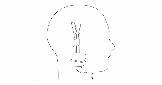 Self drawing line animation light bulb symbol thinking ideas inside head continuous line drawn concept video