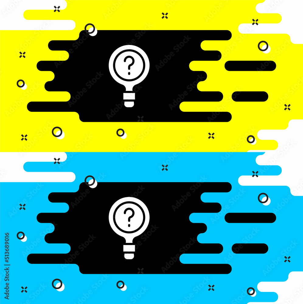 Poster white unknown search icon isolated on black background. magnifying glass and question mark. vector