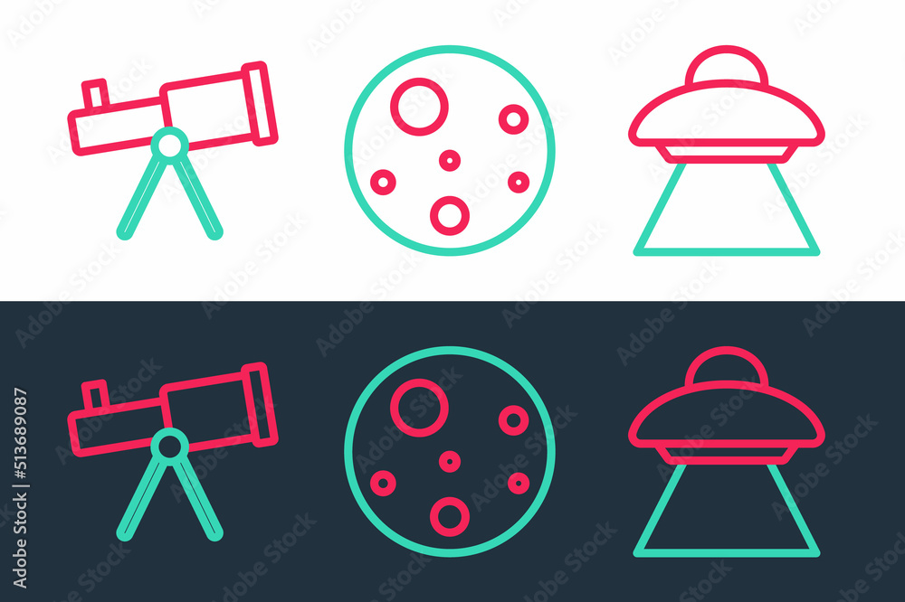 Poster set line ufo flying spaceship, telescope and planet mars icon. vector