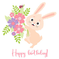 Cute joyful rabbit with big bouquet of flowers with ladybug. Vector illustration. Greeting card Happy Birthday. Bunny character For design, decor, print, postcards.