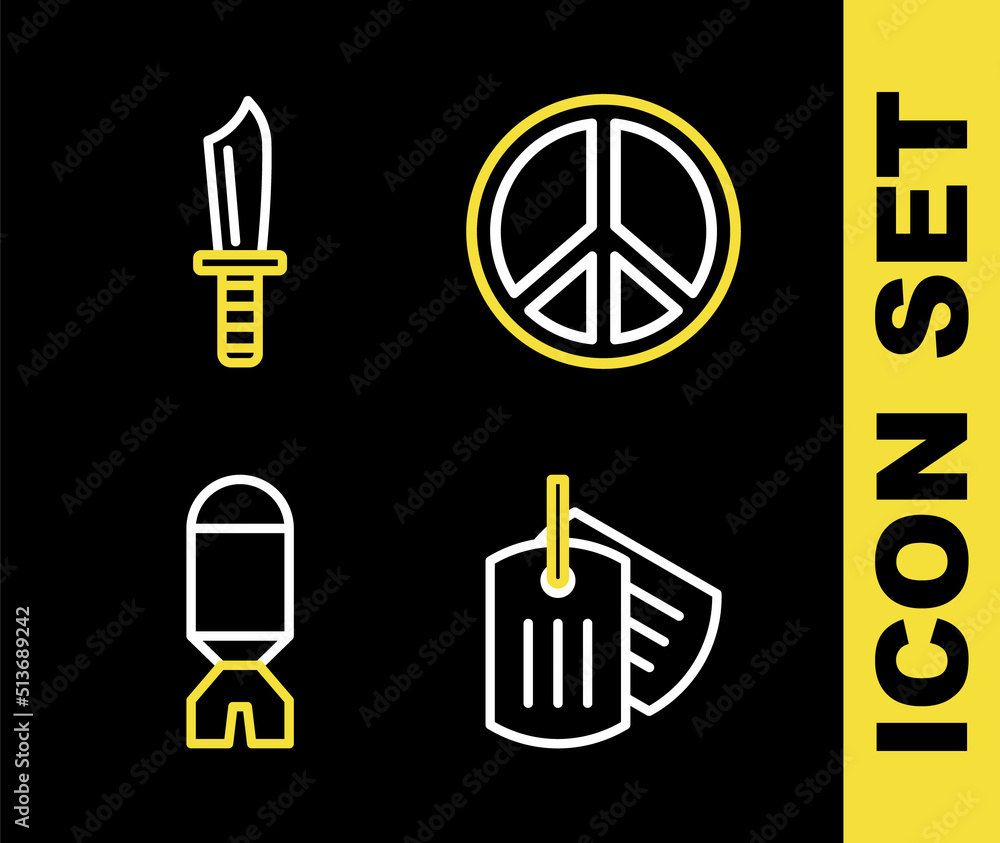 Sticker set line peace, military dog tag, rocket launcher and knife icon. vector