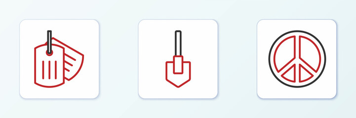 Set line Peace, Military dog tag and Shovel icon. Vector