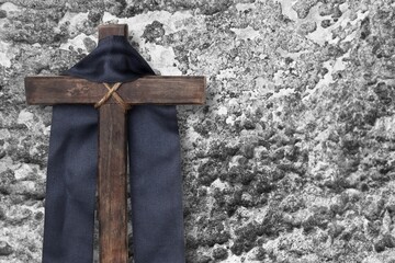 Wooden cross with of Crown of thorns. Christian religion.