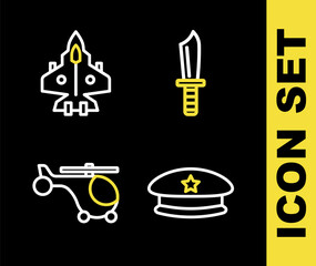 Set line Military knife, beret, Helicopter and Jet fighter icon. Vector
