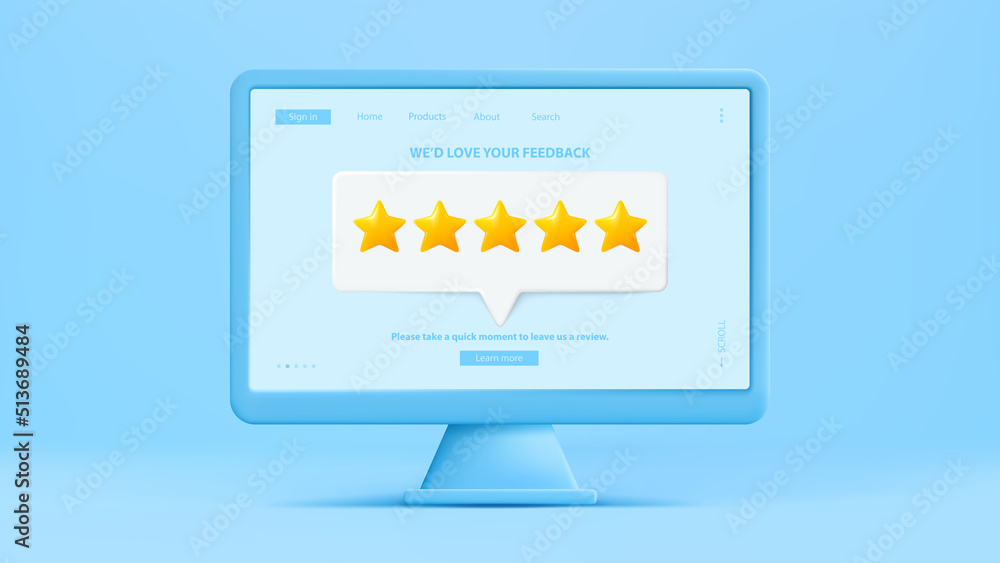 Poster computer 3d vector. computer screen with customer feedback. five stars customer review 3d. website o
