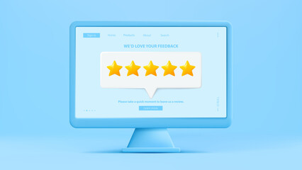 Computer 3d vector. Computer screen with customer feedback. Five stars customer review 3d. Website or application quality service feedback. Social media comment. Client feedback, online shoping.