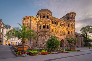 View of the Porta Nigra,at sunset,  a Roman City Gate built after 170 AD and located in Trier,...