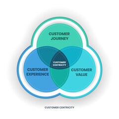 Customer Centricity venn diagram has customer journey, customr experience and customer value for organization to understand customer situations, perception, and expectations. Infographic presentation.