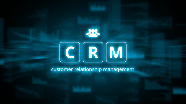 Concept crm or customer relationship management. Abstract holographic image with icons.